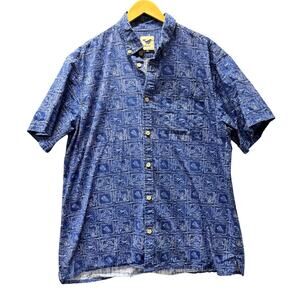 Yiume Tropical Shirt Mens XXL Blue Button Down Line‎ Print Coastal Beachy Resort